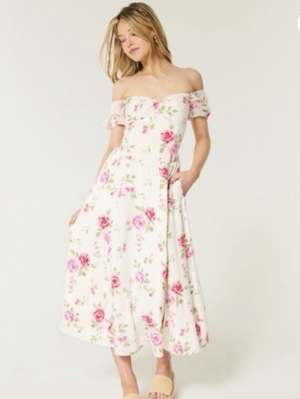 HOLLISTER PINK FLORAL PUFF SLEEVE/ SWEETHEART NECK / SMOCKED BACK MAXI DRESS